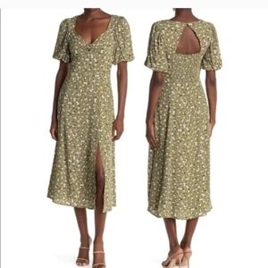 Olive Green Floral Midi Dress with Puff Sleeves